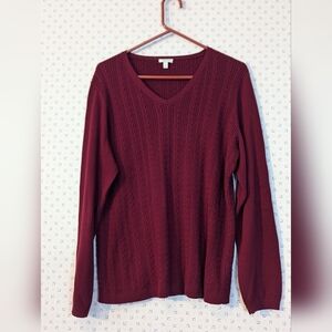 Talbots XL Burgundy V-Neck Sweater 100% Cotton Cable Knit Preppy Academia